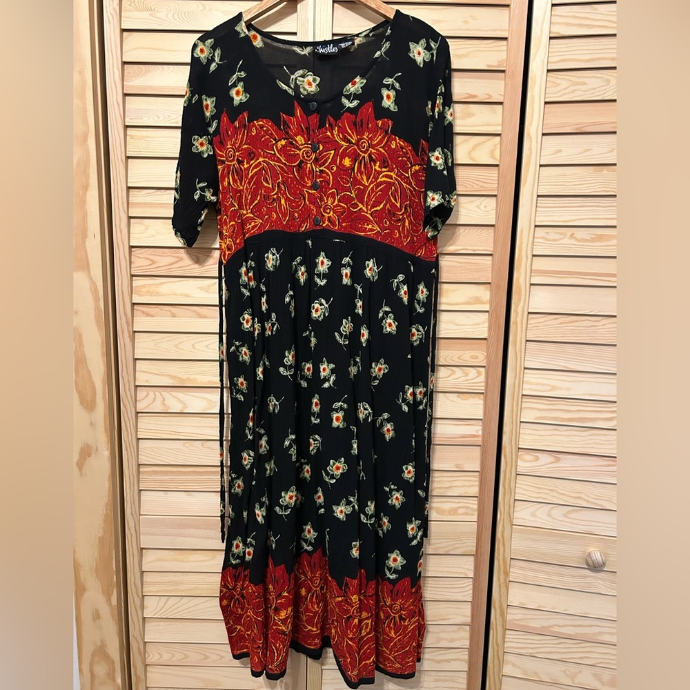 Whistles Black Floral Dress with Red and Cream Accents